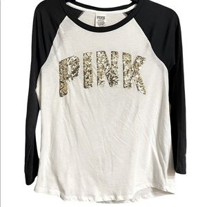 VS PINK Gray and White Sequin Logo Cotton-Poly Blend Raglan Tee GUC sz Small